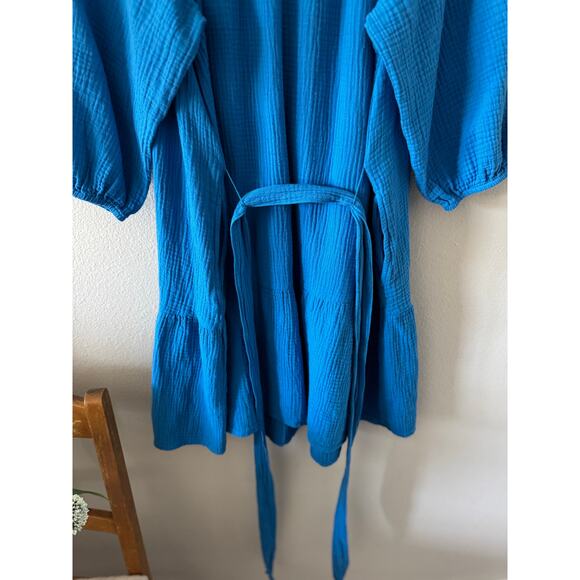 Sonoma Blue Gauze Muslin Flowy Dress/Tunic w/ Waist Belt Tie Pockets Sz LARGE - Picture 10 of 11